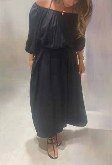 Grossiste Bluoltre - Robe longue mouvement sur épaule avec poche