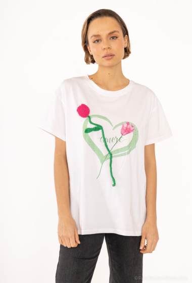 Grossiste Bluoltre - T-shirt imprimé coeur et rose brodée