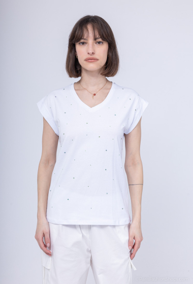 Grossiste Bluoltre - T-shirt imprimé strass col V