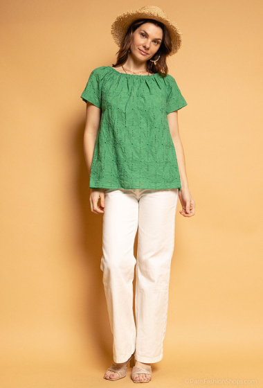 Wholesaler Bobo Glam' - Elasticated off-shoulder blouse with fleur-de-lis English embroidery