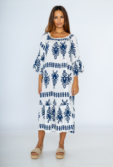 Wholesaler Bobo Glam' - Flowy two-tone Aztec print midi dress with bohemian detail