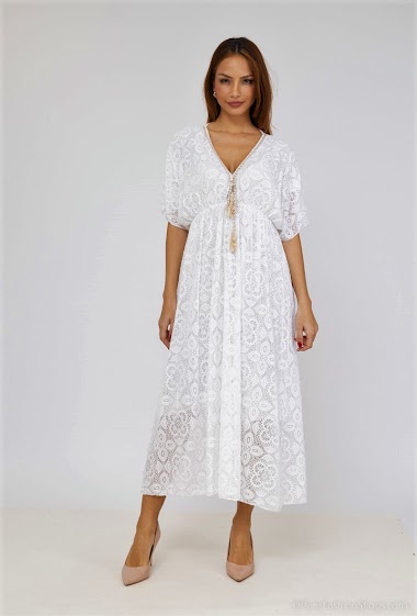 Wholesaler Bobo Glam' - Bohemian midi dress with lace with pompom V-neck with short curved sleeves