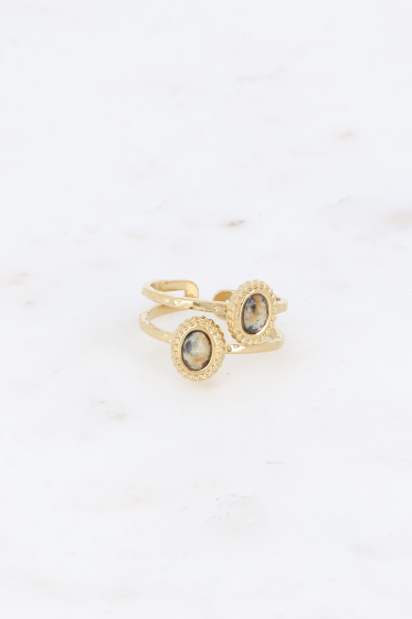 Wholesaler Bohm - Ring - 2 rows, 2 oval semi precious stones, milgrain effect contour