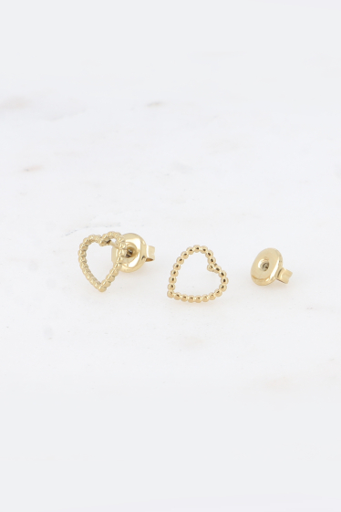 Wholesaler Bohm - Chip earrings - openwork heart with grain effect in stainless steel