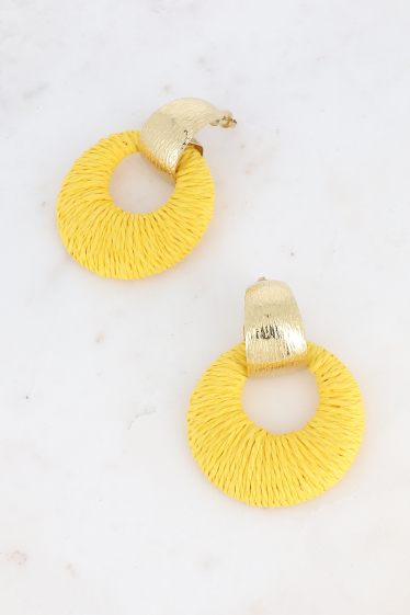 Wholesaler Bohm - Drop earrings - textured ring and round piece with synthetic raffia