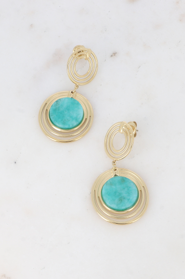 Wholesaler Bohm - Drop earrings - double medallion with 3 rings and semi precious stone