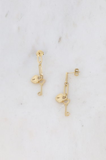 Großhändler Bohm - Rosia baumelnde Ohrringe – Vorhängeschloss und Schlüsselherzanhänger aus Edelstahl