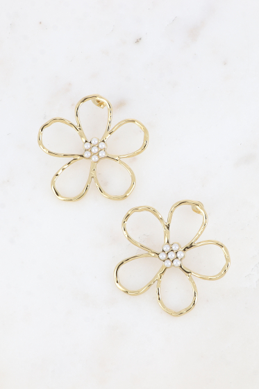 Wholesaler Bohm - Stud earrings - large openwork flower and pearly white resin ball