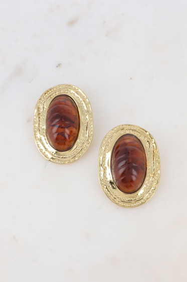 Wholesaler Bohm - Stud earrings - large acetate cabochon on piece with hammered contours