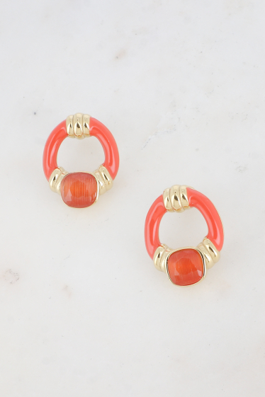 Wholesaler Bohm - Hoop earrings - thick ring and square piece in colored enamel