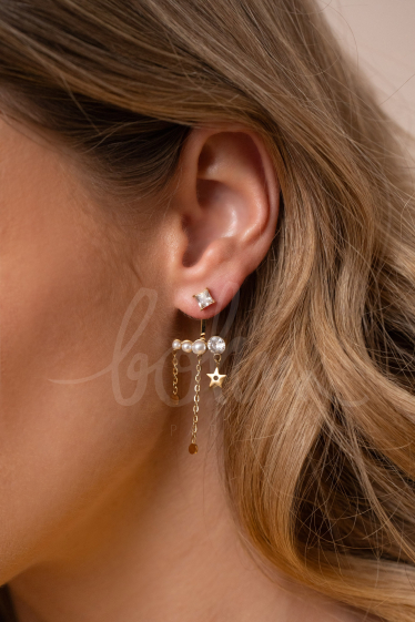 Wholesaler Bohm - Xenia stud earrings - square crystal, pearly acetates, crystals, star & chains