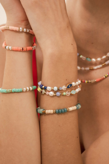 Wholesaler Bohm - Huyana elastic bracelet - freshwater pearls, ceramic and enameled eye