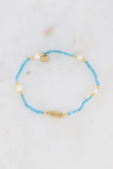 Großhändler Bohm - Elastisches Armband – Perle mit Baumrindenmuster und Natursteinen