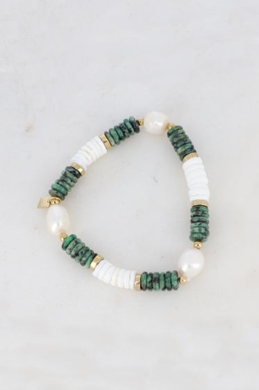 Grossiste Bohm - Bracelet élastique - perles coquillages, eau douce & pierres naturelles