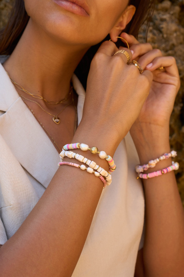 Grossiste Bohm - Bracelet élastique Sinéad - perles d'eau douce et perles Heishi