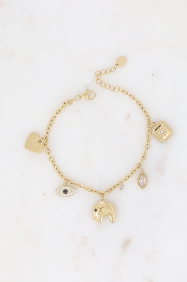 Großhändler Bohm - Armband – mehrere Charms (Liebesherz, Auge, Elefant, Kristall und Blume)