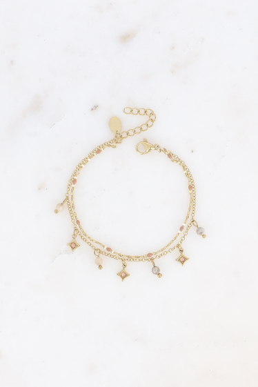 Wholesaler Bohm - Multi-row bracelet - 2 chains, coffee bean with enamel and star tassels with semi precious stones