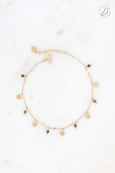 Wholesaler Bohm - Stainless steel anklet - textured round tassels and semi precious stones