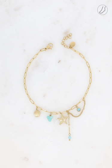 Wholesaler Bohm - Stainless steel anklet - semi precious stones, shell, crystals and starfish
