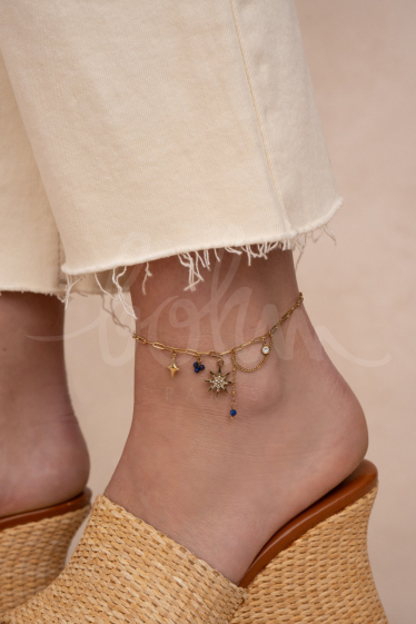 Wholesaler Bohm - Stainless steel anklet - semi precious stones, crystals & North Star