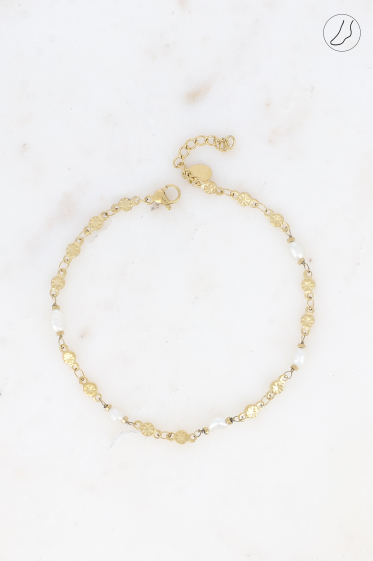 Wholesaler Bohm - Anklet - round mesh with engraved star and freshwater pearls