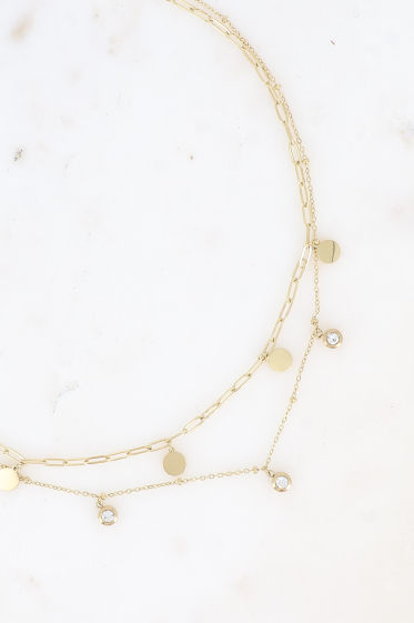 Großhändler Bohm - Halskette – 2 Reihen, Ketten mit Kristallen und flachen runden Quasten