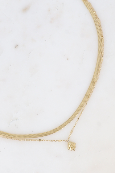 Großhändler Bohm - 2-reihige Halskette aus Stahl – Spiegelgeflecht und kleiner Blattanhänger