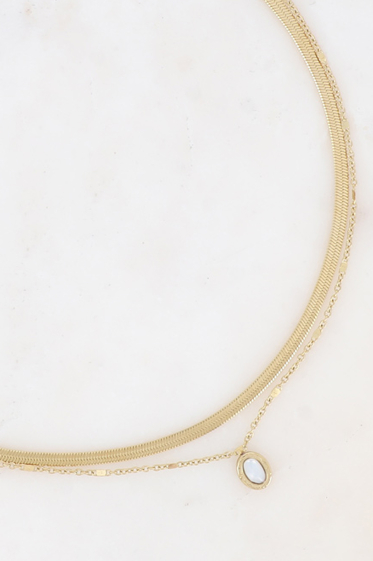 Großhändler Bohm - Halskette - 2 Reihen, Spiegel- und Sträflingsgeflecht, ovaler Naturstein