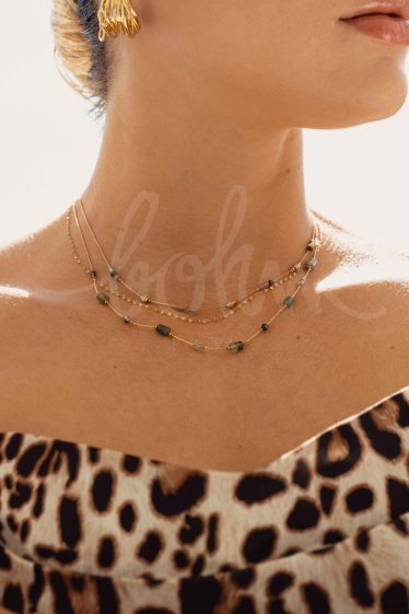 Wholesaler Bohm - Jamila necklace - 3 links, coffee & snake with natural cylinder stones