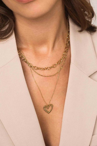 Wholesaler Bohm - Taline 3 row necklace - stainless steel, double heart pendant