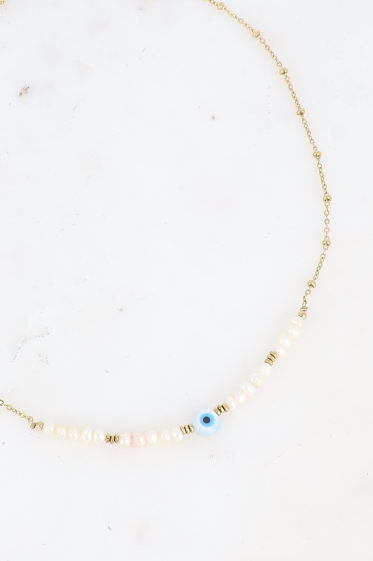 Wholesaler Bohm - Stainless steel necklace - freshwater pearls, eye pendant
