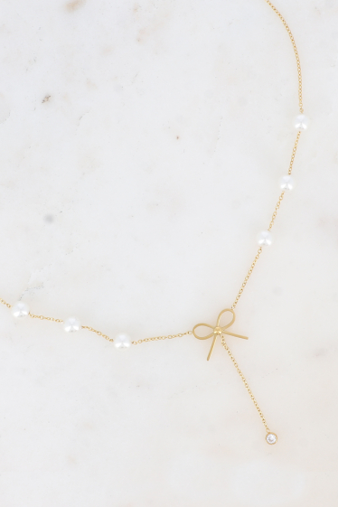 Großhändler Bohm - Y-Halskette – weiße Harzperlen und Schleife