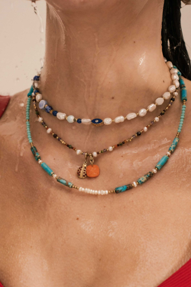 Wholesaler Bohm - Huyana elastic bracelet - freshwater pearls, ceramic and enameled eye