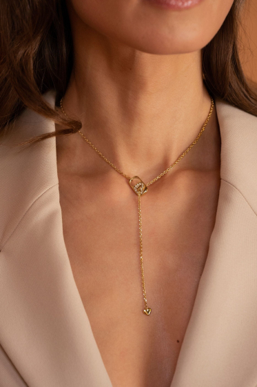 Wholesaler Bohm - Lorine necklace - heart padlock, zirconium oxides and through heart