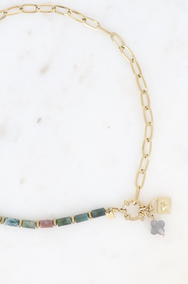 Großhändler Bohm - Halskette – Stahlgeflecht und Natursteine ​​mit 2 Bohm-Anhängern