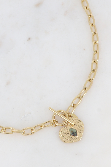 Wholesaler Bohm - Necklace - oval mesh, textured heart pendant & diamond semi precious stone