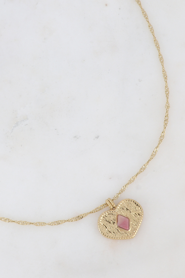Wholesaler Bohm - Necklace - twisted mesh, textured heart pendant & diamond natural stone