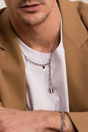 Wholesaler Bohm - Maxence necklace - UNISEX - Y, padlock and stainless steel links
