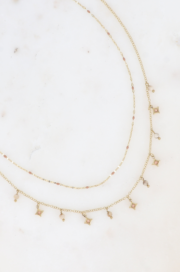 Großhändler Bohm - Mehrreihige Halskette – 2 Ketten, Emaille und Sterne mit Natursteinen