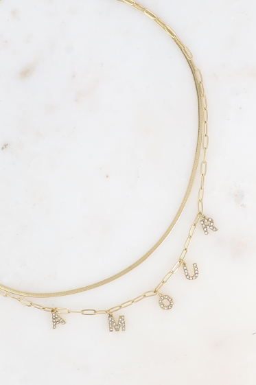 Großhändler Bohm - Mehrreihige Halskette – 2 verspiegelte und ovale Glieder, AMOUR-Buchstaben mit Kristallen