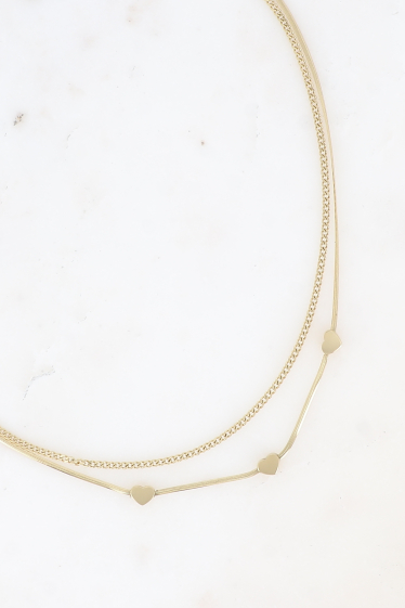 Großhändler Bohm - Mehrreihige Halskette – 2 Reihen, Spiegelgeflecht mit 3 Herzen und Panzerkette