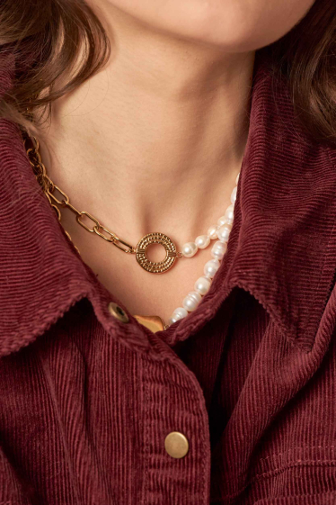 Grossiste Bohm - Collier Olys - maille gourmette, pendentif cercles et perles d'eau douce