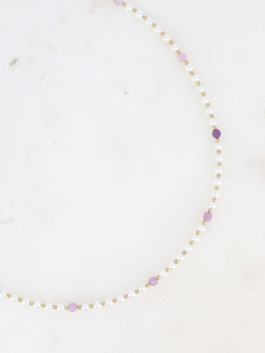 Grossiste Bohm - Collier - ras de cou, perles de résine blanche et pierre naturelle