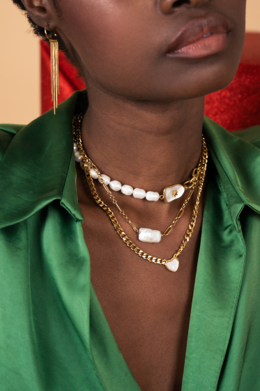 Grossiste Bohm - Collier Vinciane perles - maille ovale en acier inoxydable & perles d'eau douce