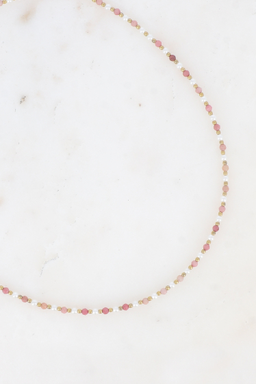 Großhändler Bohm - Vudika-Halskette – Halsband, weiße Harzperlen und Natursteine