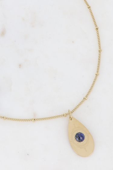 Großhändler Bohm - Zoella-Halskette – Tropfenanhänger mit eingravierten Linien und Naturstein