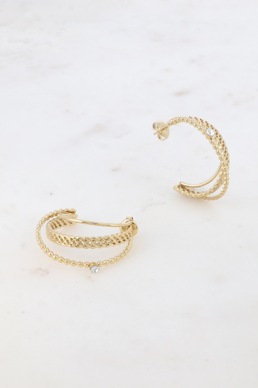 Wholesaler Bohm - Hoop earrings - 3 rings, bubbles with crystal, braided mesh and smooth end