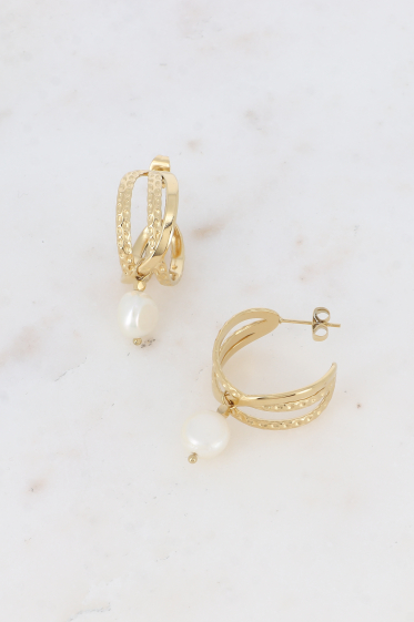 Wholesaler Bohm - Hoop earrings - 3 textured rings and freshwater pearl