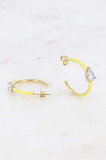 Wholesaler Bohm - Hoop earrings - stainless steel ring with enamel and drop crystal
