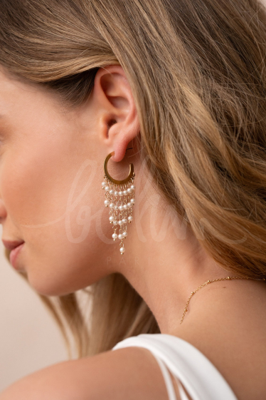 Wholesaler Bohm - Hoop earrings - dangling chains with white resin beads